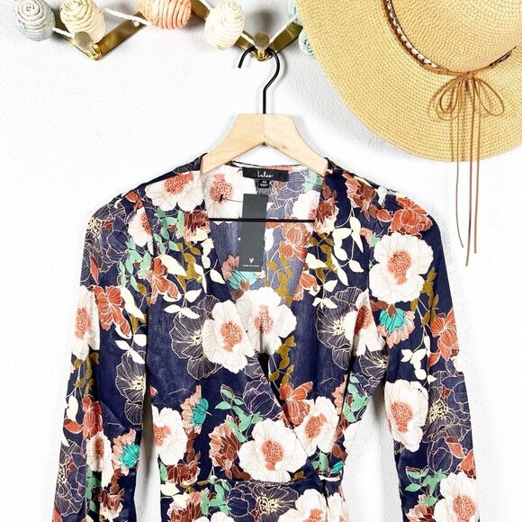 Lulus So Splendid Navy Blue Floral Satin Long Sleeve Wrap Mini Dress Size XS - Picture 3 of 8